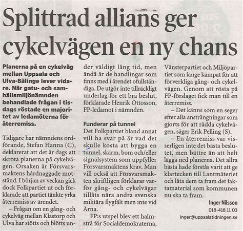 Bygg färdigt cykelvägen via Ulva kvarn till Bälinge! .